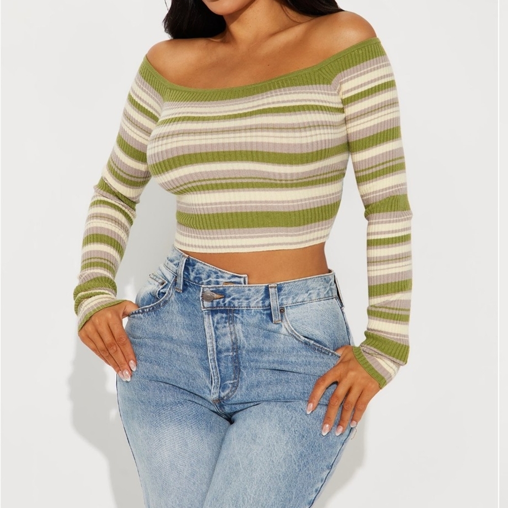 Fashion Nova Green Striped Crop Top